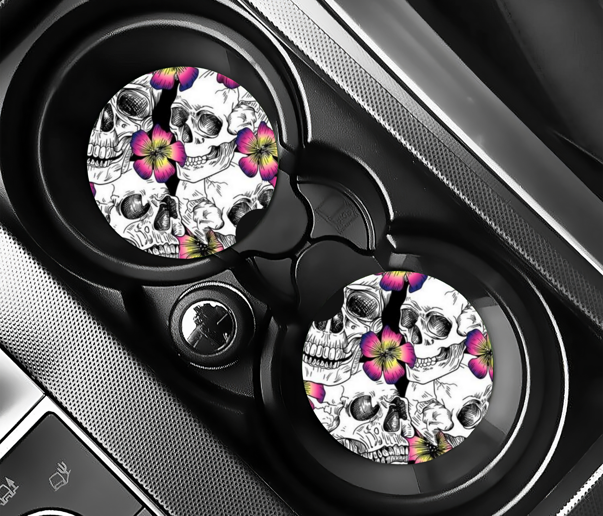 Skull Pink Flowers Car Coasters