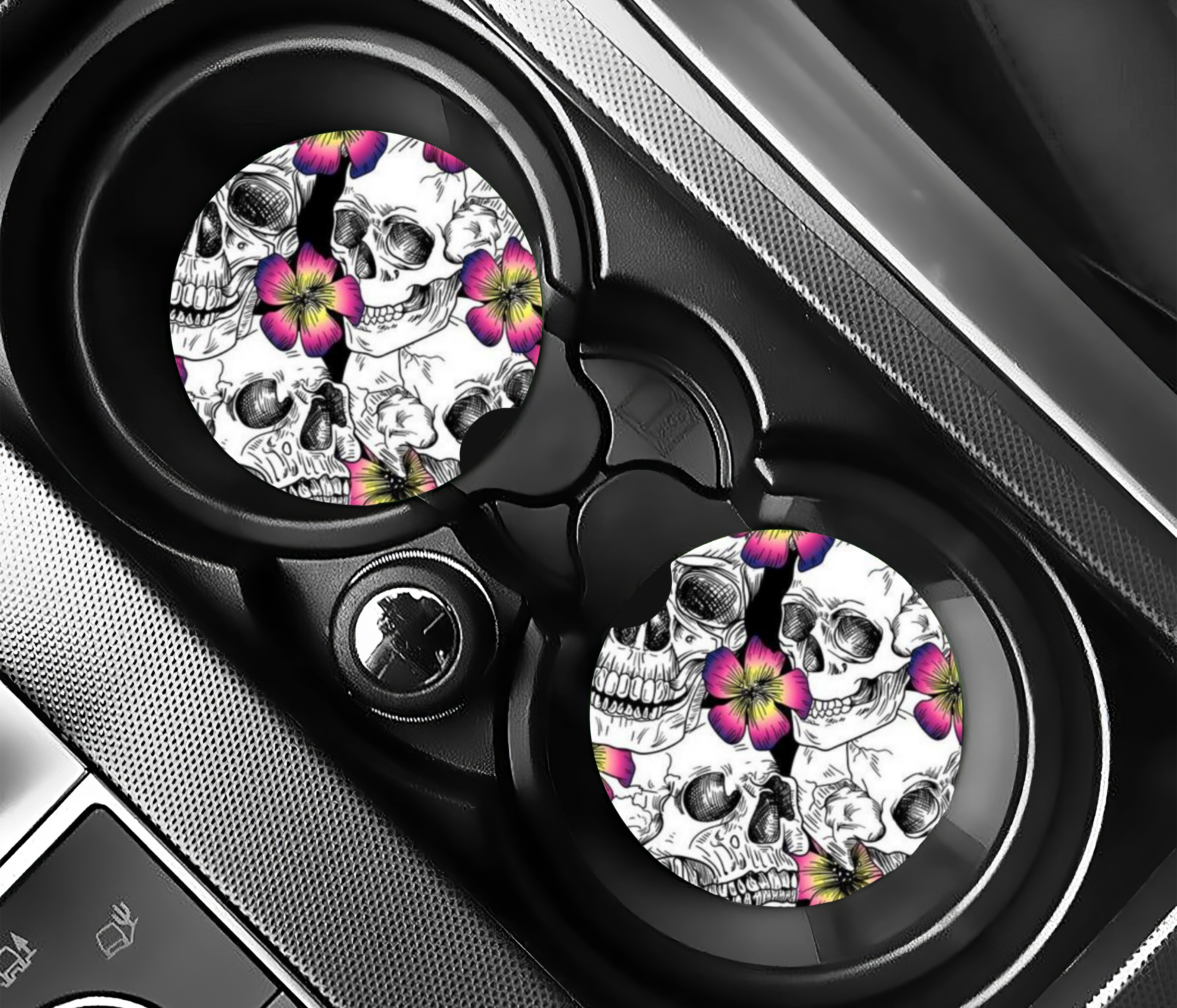 Skull Pink Flowers Car Coasters