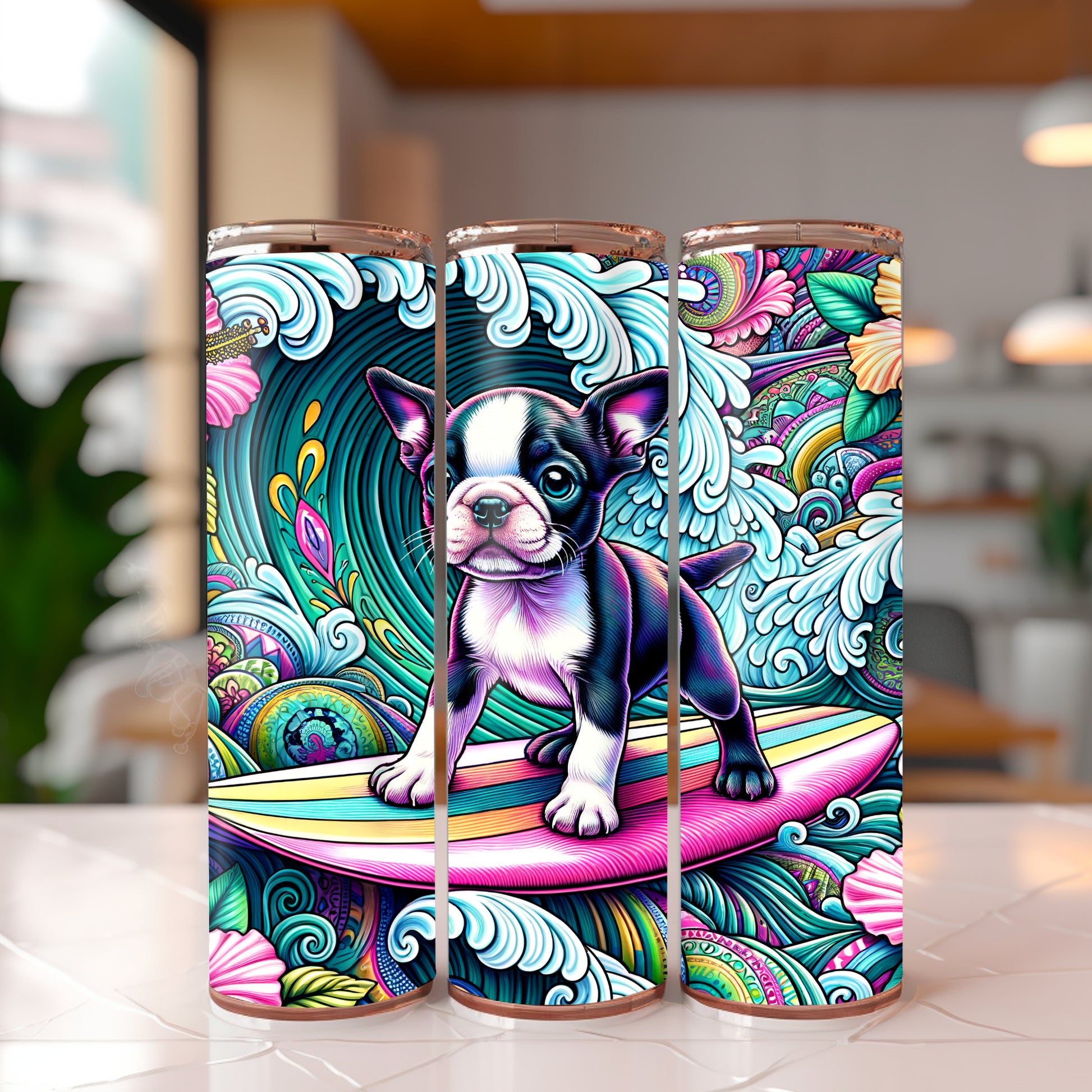Boston Terrier Surfer Tumbler