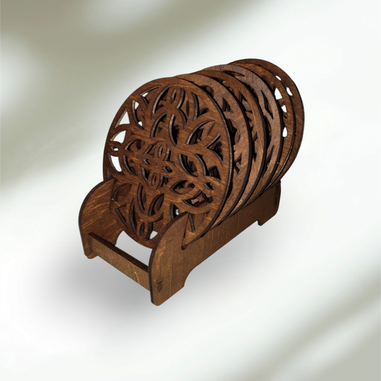 6 wood-stained coasters with stand